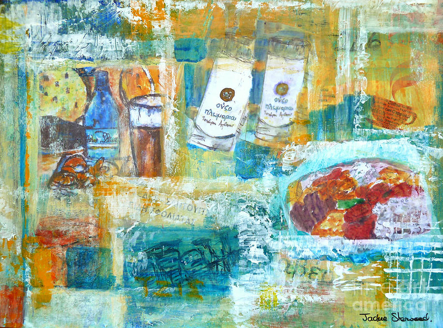 Greek Collage - Ouzo and Meze Painting by Jackie Sherwood