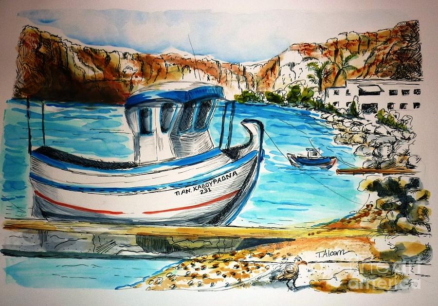 Greek Fishing Boat Painting by Therese Alcorn