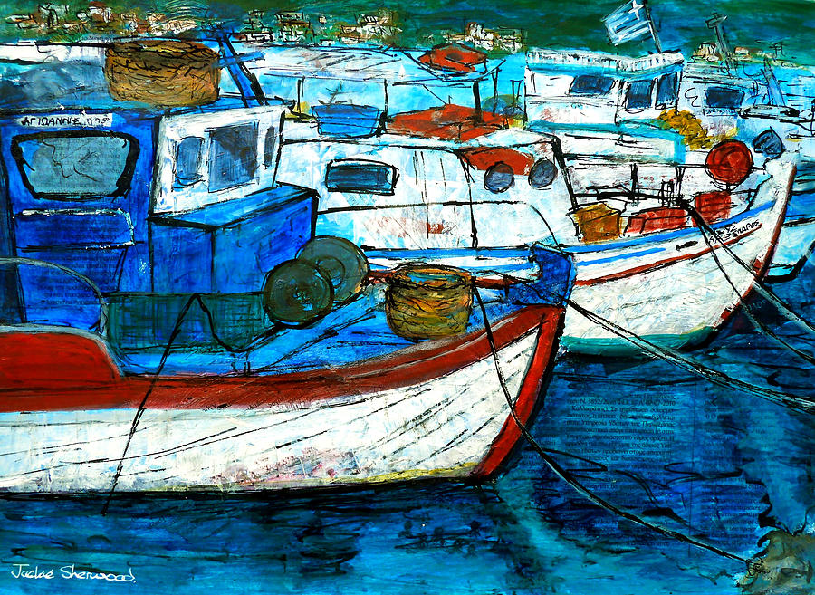 Greek Fishing Boats Painting by Jackie Sherwood