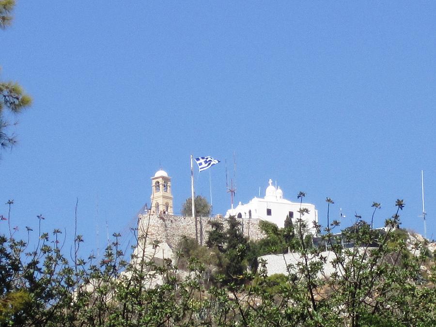 Greek Flag and Church Atop the Hill in Athens Greece Photograph by John Shiron