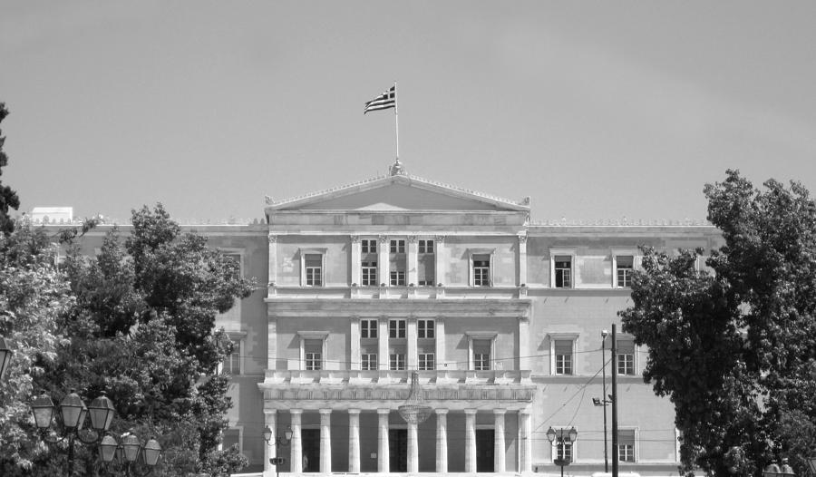 Greek Parliament Building and Flag in Black and White in Athens Greece Photograph by John Shiron