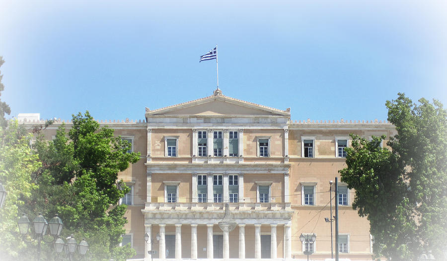 Greek Parliament Building and Flag in Oval White silhouette in Athens Greece Photograph by John Shiron