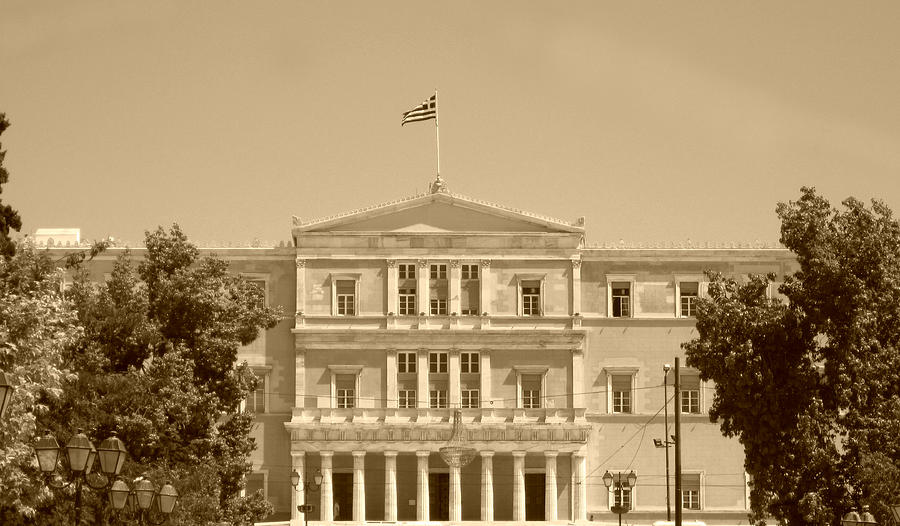Greek Parliament Building and Flag in Sepia in Athens Greece Photograph by John Shiron