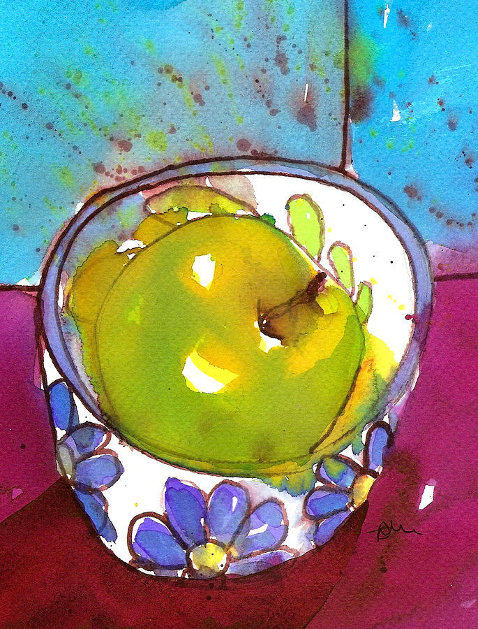 Green Apple in Blue Floral Bowl Painting by Tracy-Ann Marrison