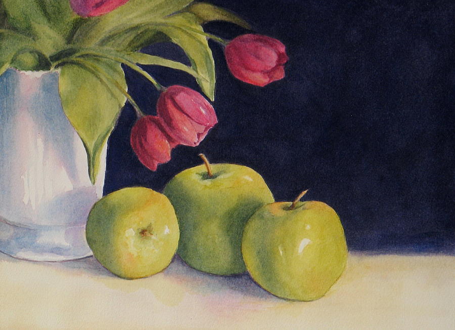 Green Apples with Tulips Painting by Vikki Bouffard