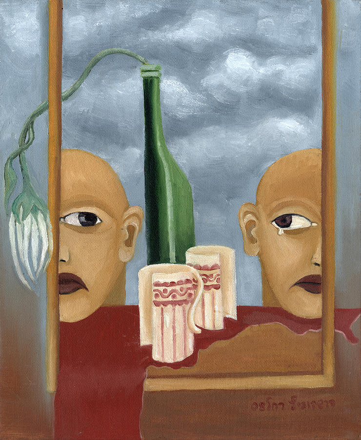 Green bottle Agony surrealistic artwork with crying heads cut cups flowing red wine or blood frame   Painting by Rachel Hershkovitz