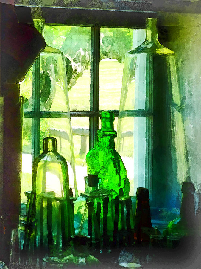 Bottle Photograph - Green Bottles on Windowsill by Susan Savad