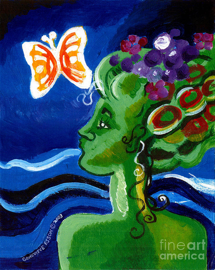 Green Girl With Butterfly Painting by Genevieve Esson