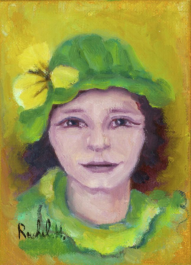 Green hat face Painting by Rachel Hershkovitz