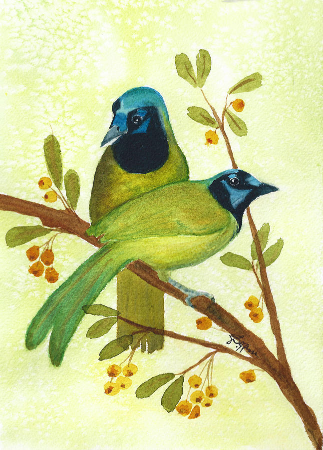 Green Jay Duo Painting by Elise Boam