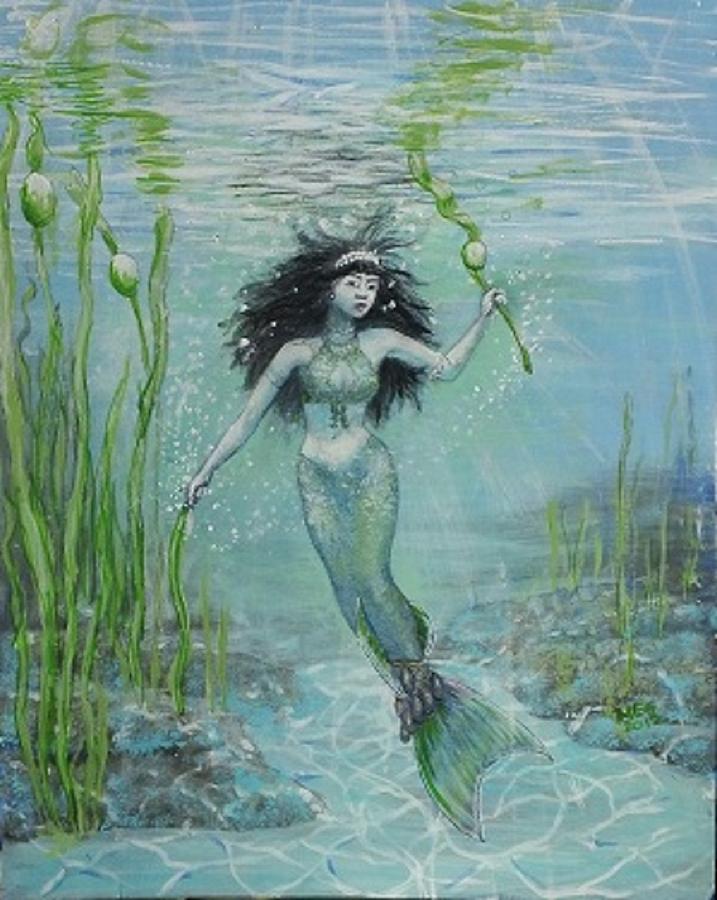 Mermaid Painting - Green mermaid harvesting by Maria Elena Gonzalez