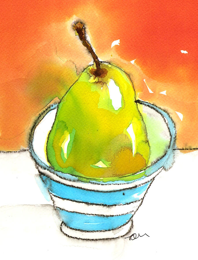 Green Pear in Blue Striped Bowl Painting by Tracy-Ann Marrison