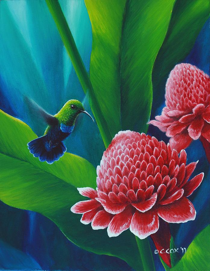 Green-throated Carib and torch lilies Painting by Christopher Cox