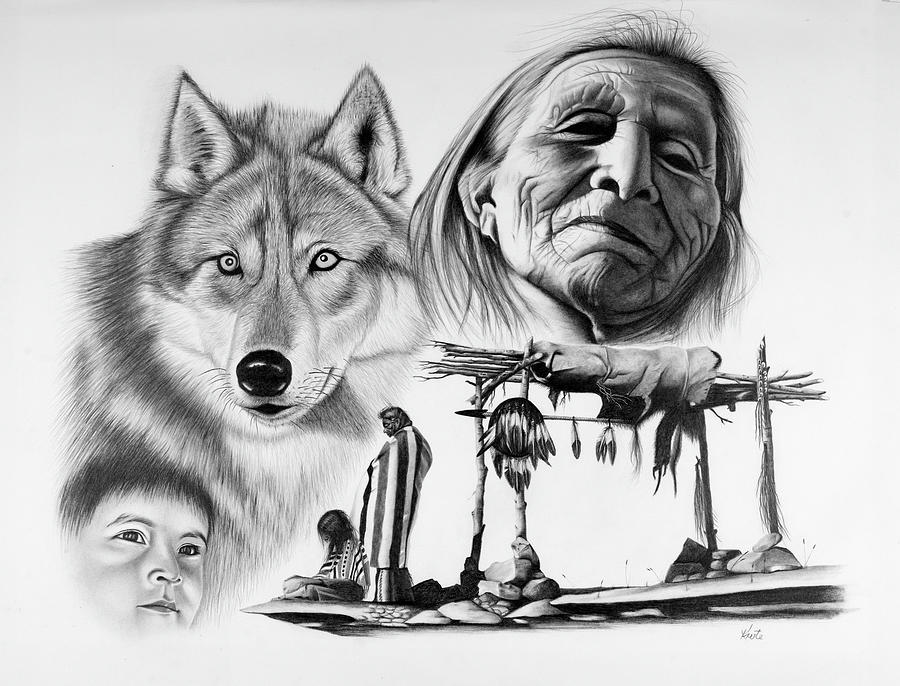 Native American Drawing - Grey Wolfs Passing by Bryan Knudsen.