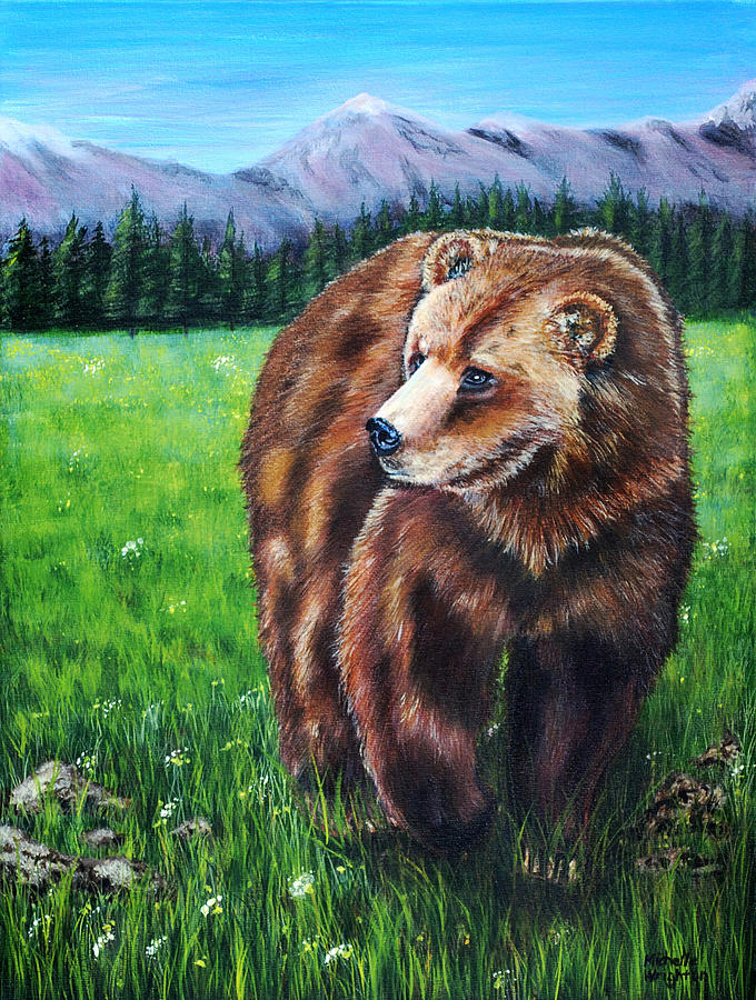 Grizzly Bear in field of Flowers Painting Painting by Michelle Wrighton