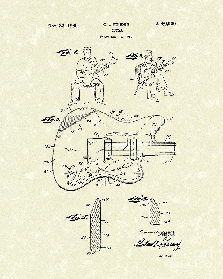 Guitar 1960 Patent Art Drawing by Prior Art Design