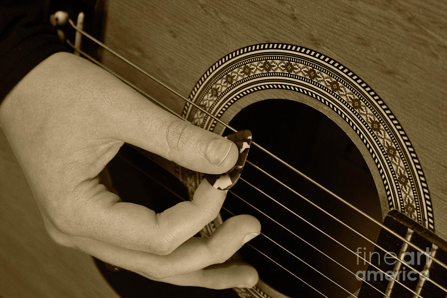 Music Photograph - Guitar Picking Sepia by Michael Waters