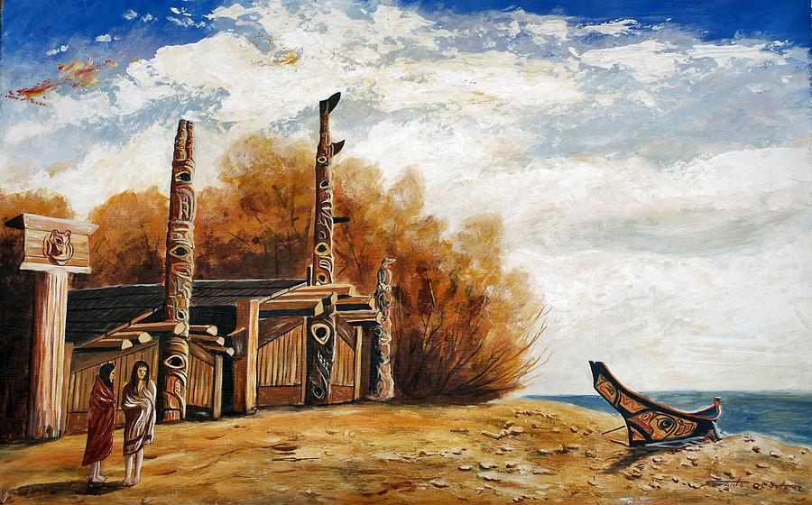 Haida Village And Canoe Painting by Santo De Vita