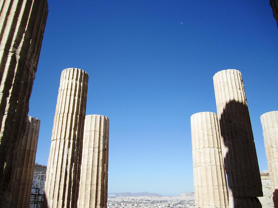 Half Moon Blue Sky III at Acropolis Parthenon Tall Pillars in Athens Greece Photograph by John Shiron