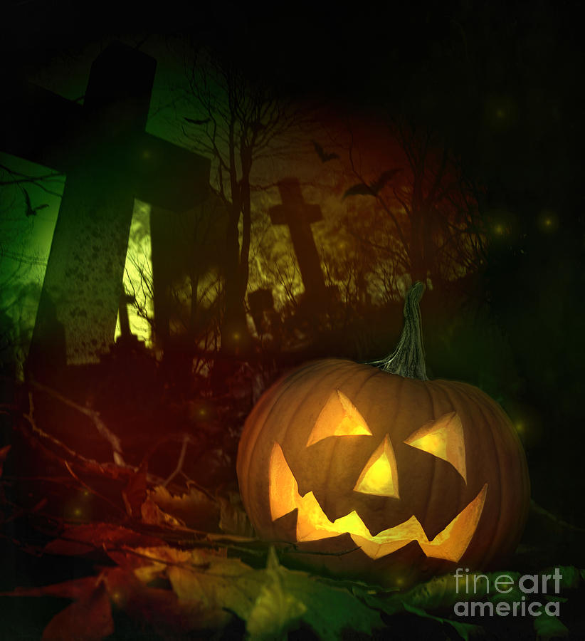 Halloween pumpkin in spooky cemetery Photograph by Sandra Cunningham