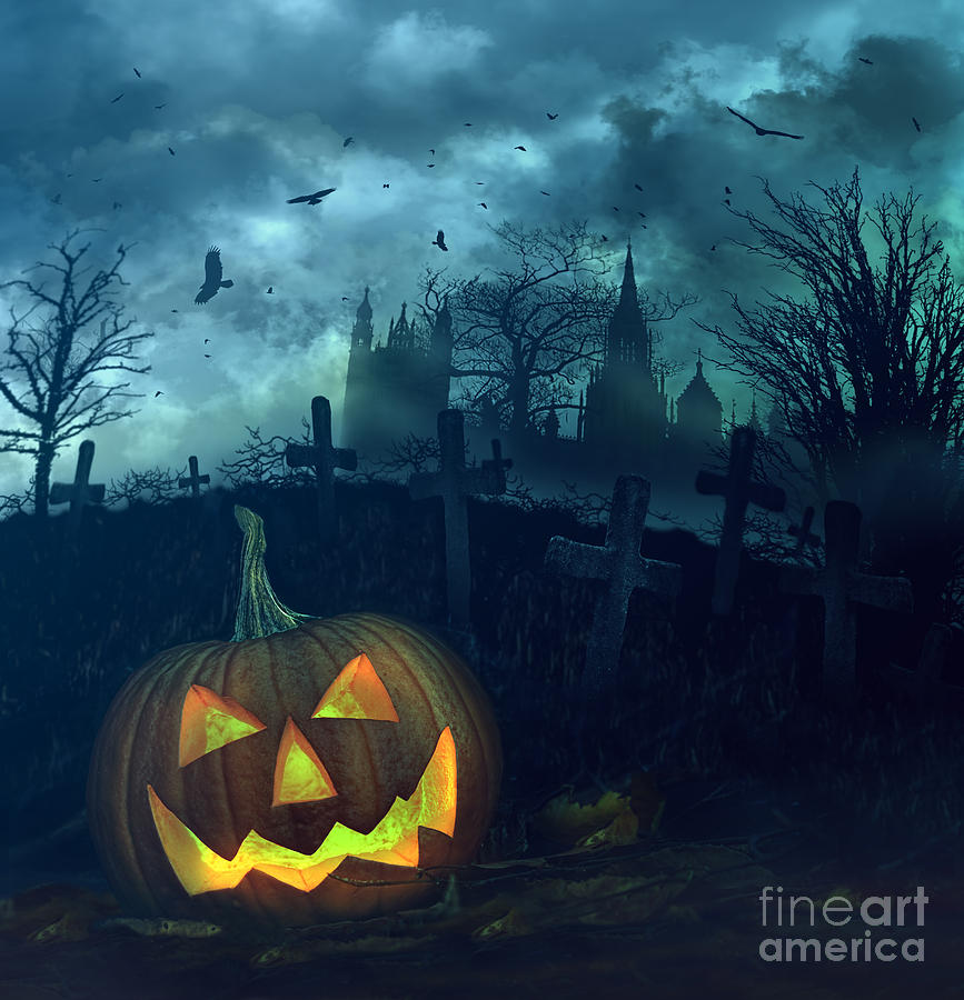 Halloween pumpkin in spooky graveyard Photograph by Sandra Cunningham