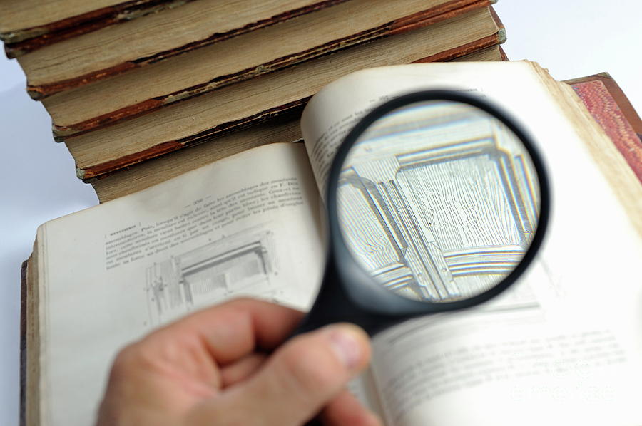 Book Photograph - Hand Holding Magnifying Glass on book by Sami Sarkis