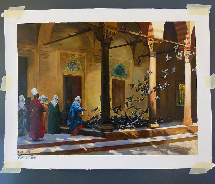 Jean Leon Gerome Painting - Harem Women Feeding Pigeons in a Courtyard by Jean Leon Gerome