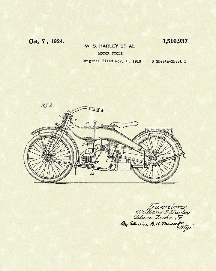 Harley Motorcycle 1924 Patent Art Drawing by Prior Art Design
