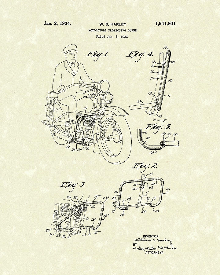 Harley Motorcycle 1934 Patent Art Drawing by Prior Art Design