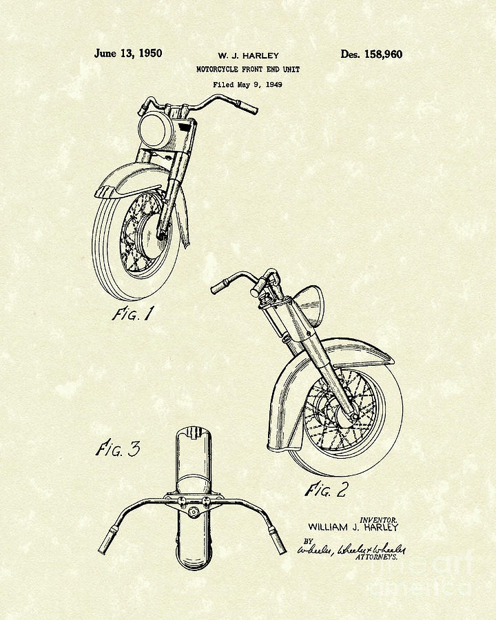 Harley Motorcycle 1950 Patent Art Drawing by Prior Art Design