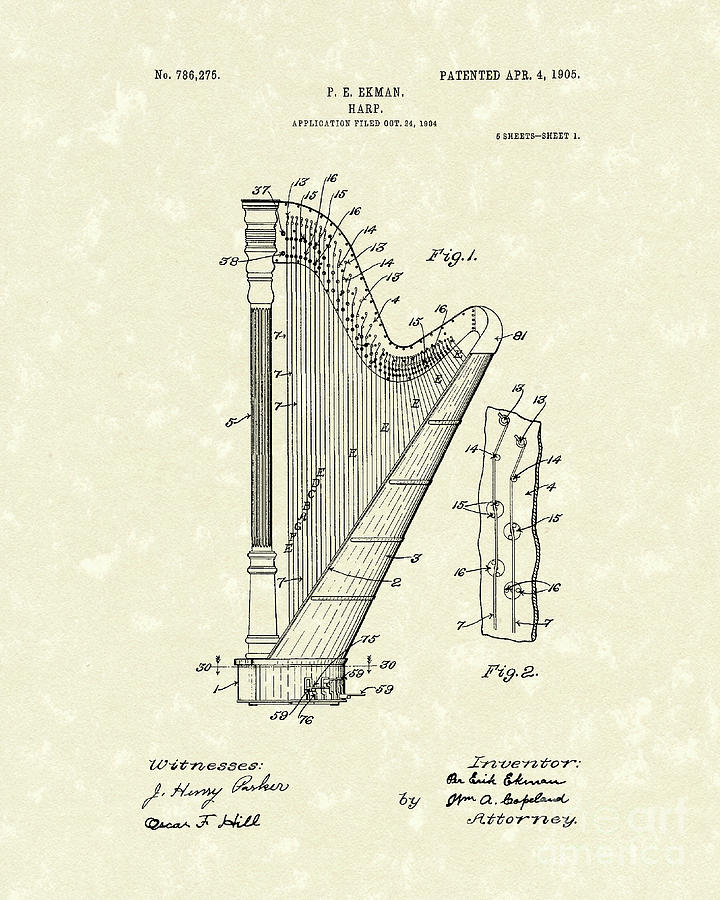 Music Drawing - Harp Ekman 1905 Patent Art by Prior Art Design