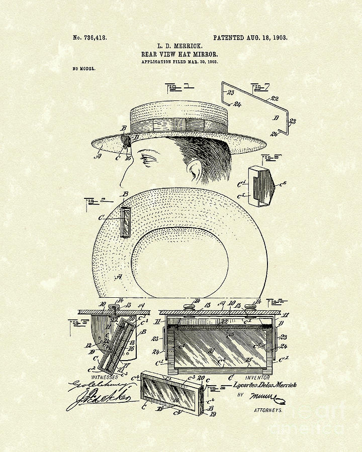 Hat Mirror 1903 Patent Art Drawing by Prior Art Design