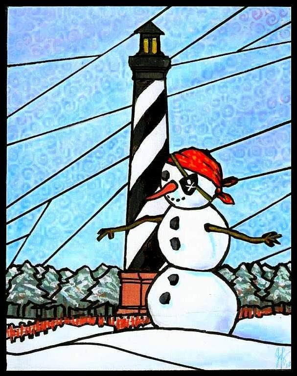 Hatteras Light Snowman Painting by Jim Harris
