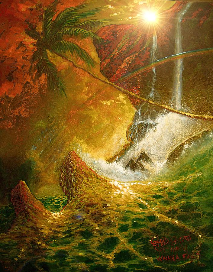 Hawaii Sescape Waterfall Sunset Painting by Leland Castro