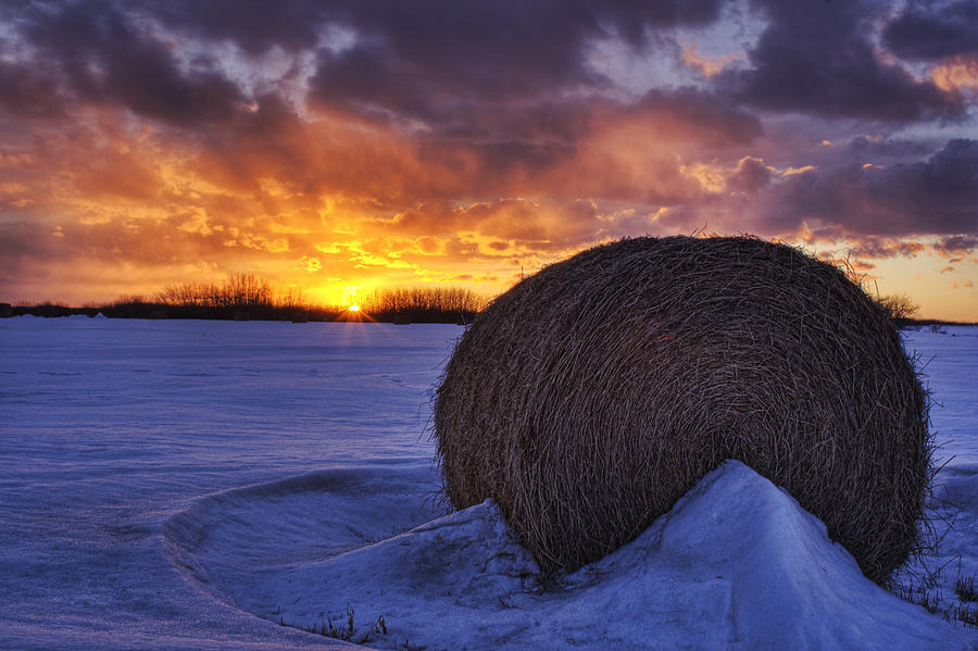 Hay Bale On Field With Sunset, Namao Photograph by Dan Jurak