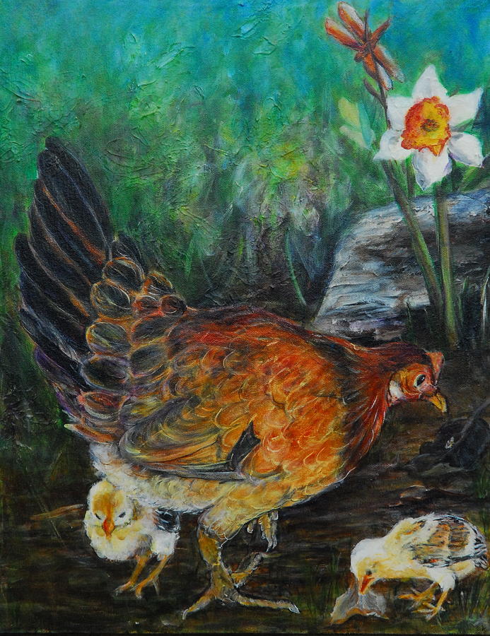 Hen and chicks II Painting by Bonnie Peacher