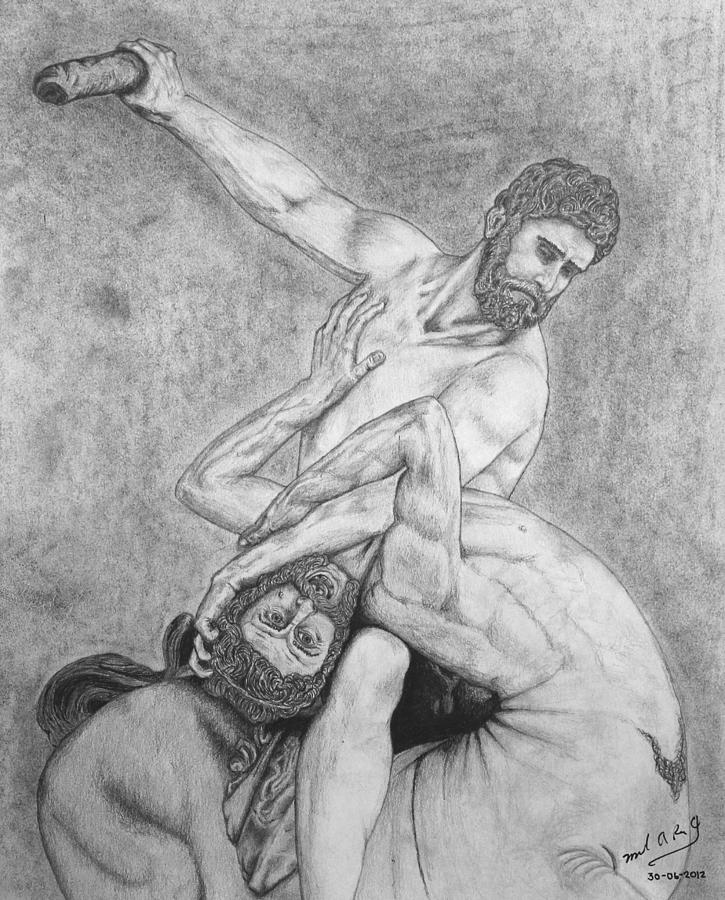 Greek Drawing - Hercules and the Centaur by Miguel Rodriguez
