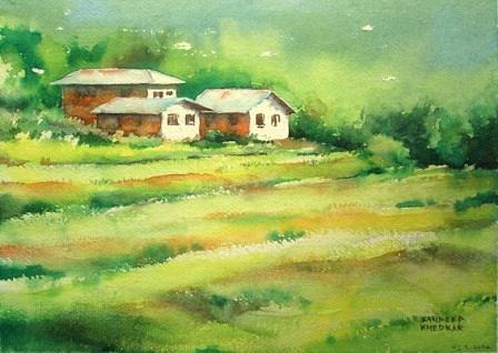 Landscape Painting - Himachal houses by Sandeep Khedkar