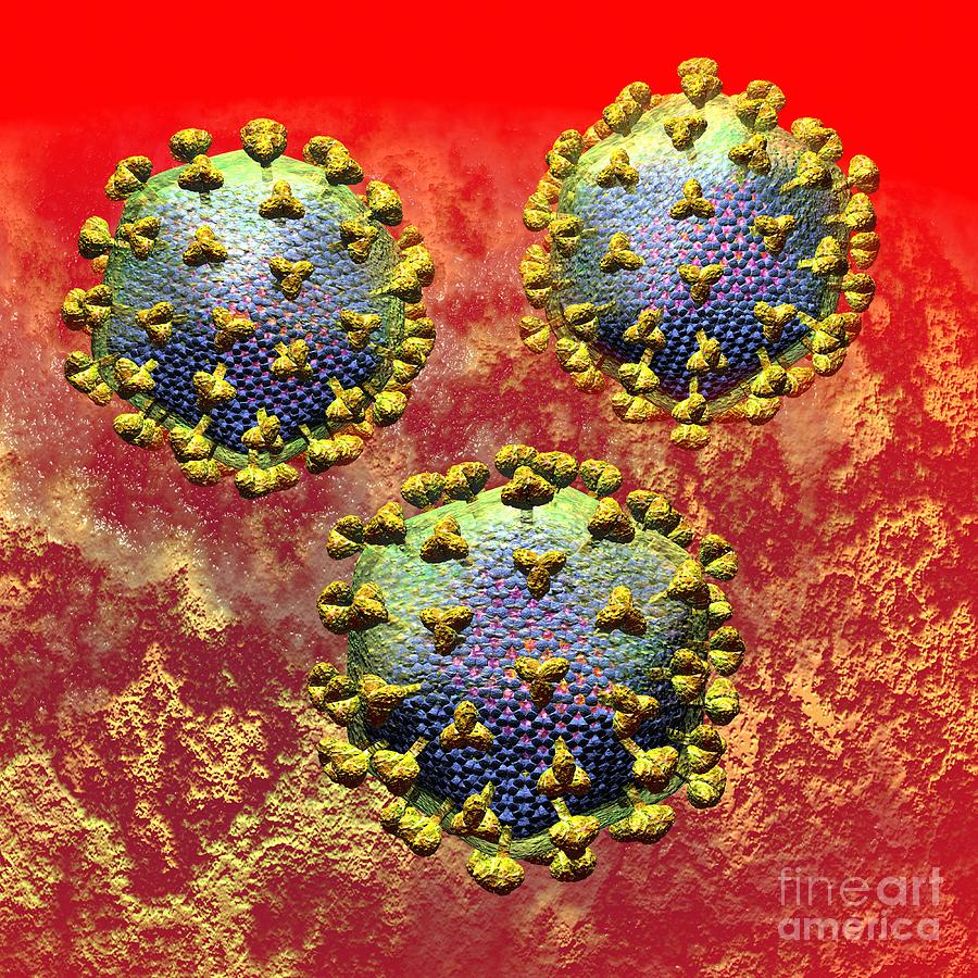 Acquired Digital Art - HIV Three Virions on Bright Red by Russell Kightley