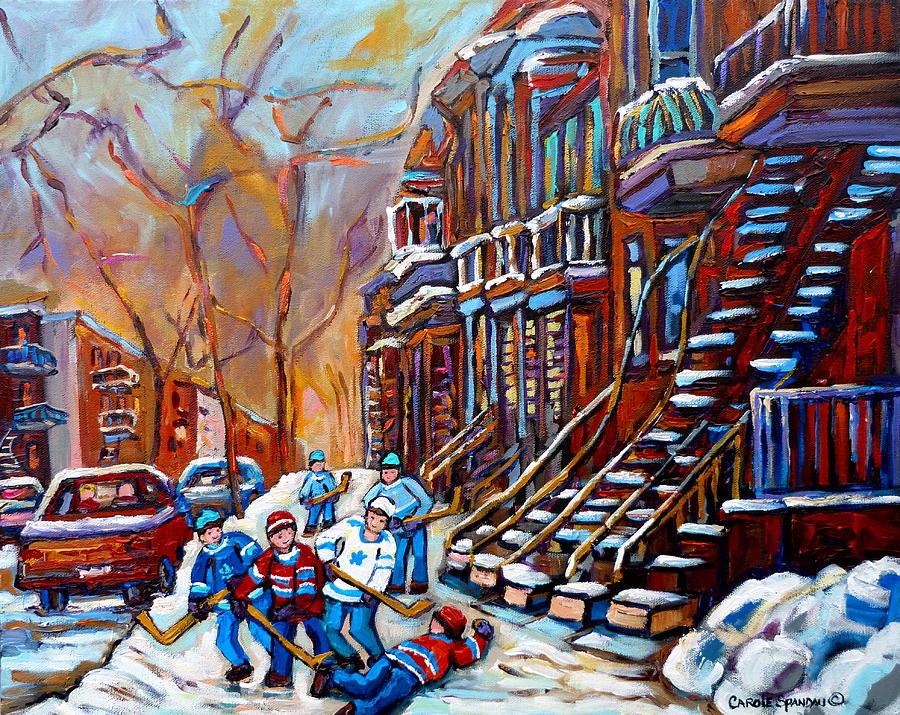 Hockey Painting - Hockey Art Montreal Streets by Carole Spandau