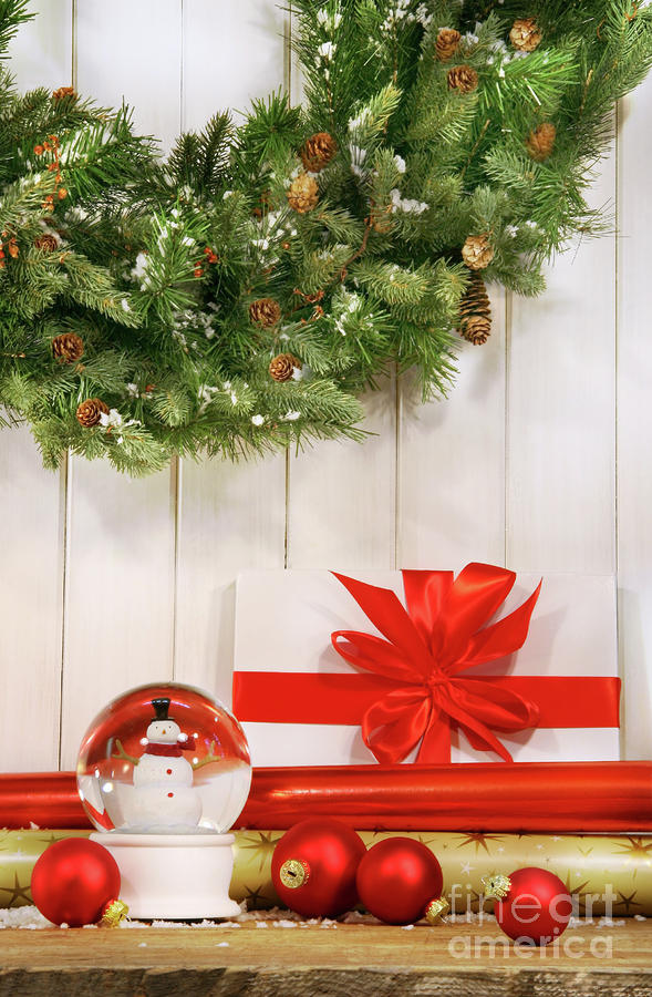 Christmas Photograph - Holiday wreath with snow globe  by Sandra Cunningham