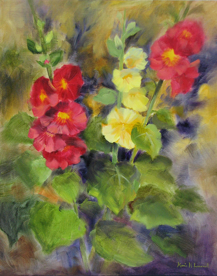 Hollyhocks Painting - Hollyhocks by Karin Leonard Hollyhocks Painting - Hollyhocks by Karin Leonard