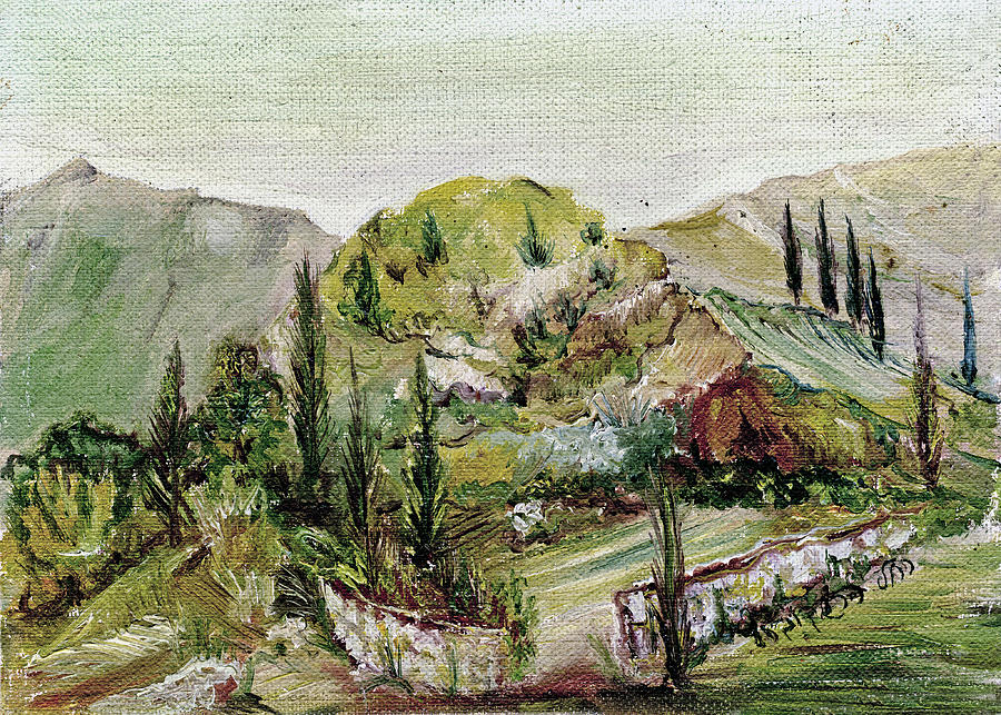 Holy green mountain landscape  in spring with cypress trees brown rock skyline Painting by Rachel Hershkovitz