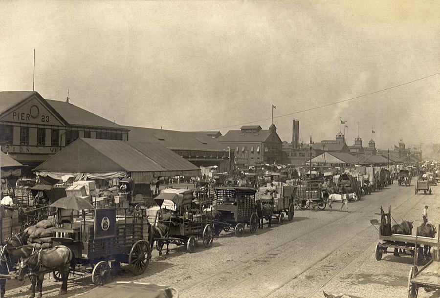 Transportation Photograph - Horse Drawn Wagons Crowd New York Piers by Everett