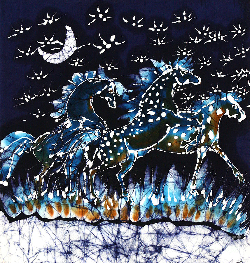 Horses Frolic on a Starlit Night Tapestry - Textile by Carol Law Conklin