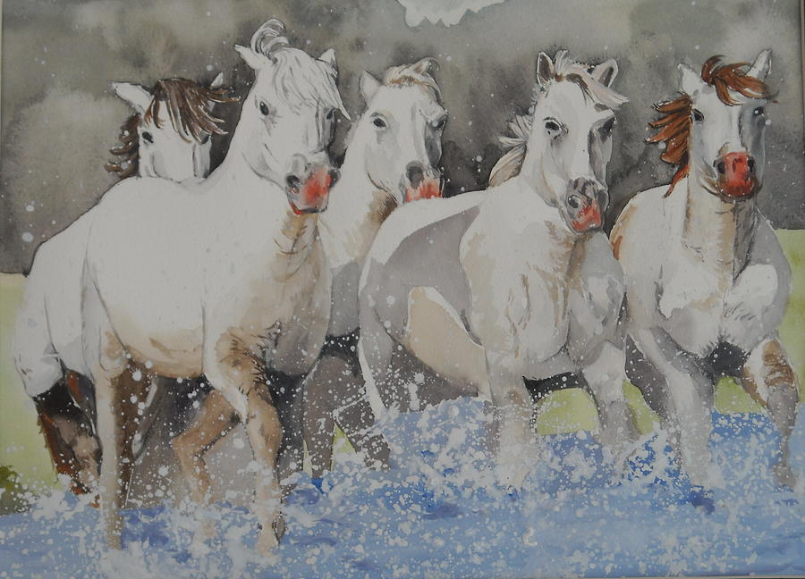Horses thru water Painting by Teresa Smith