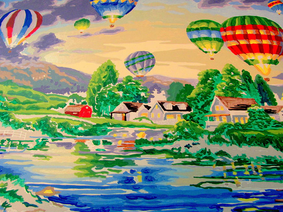 Acrylic Painting - Hot Air Balloons over Country Town by Amy Bradley
