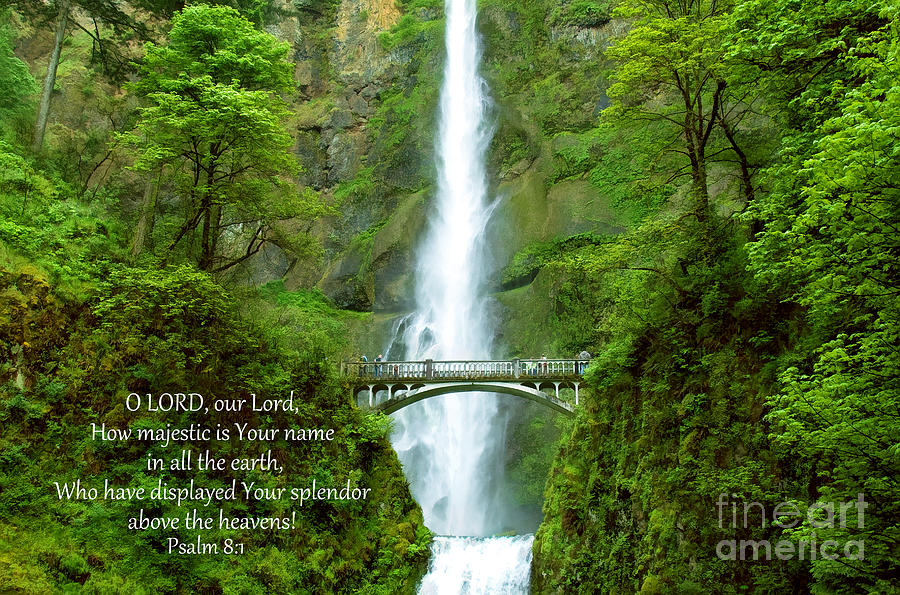 How Majestic Is Your Name spiritual text on Multnomah Falls photo Photograph by Sherry  Curry