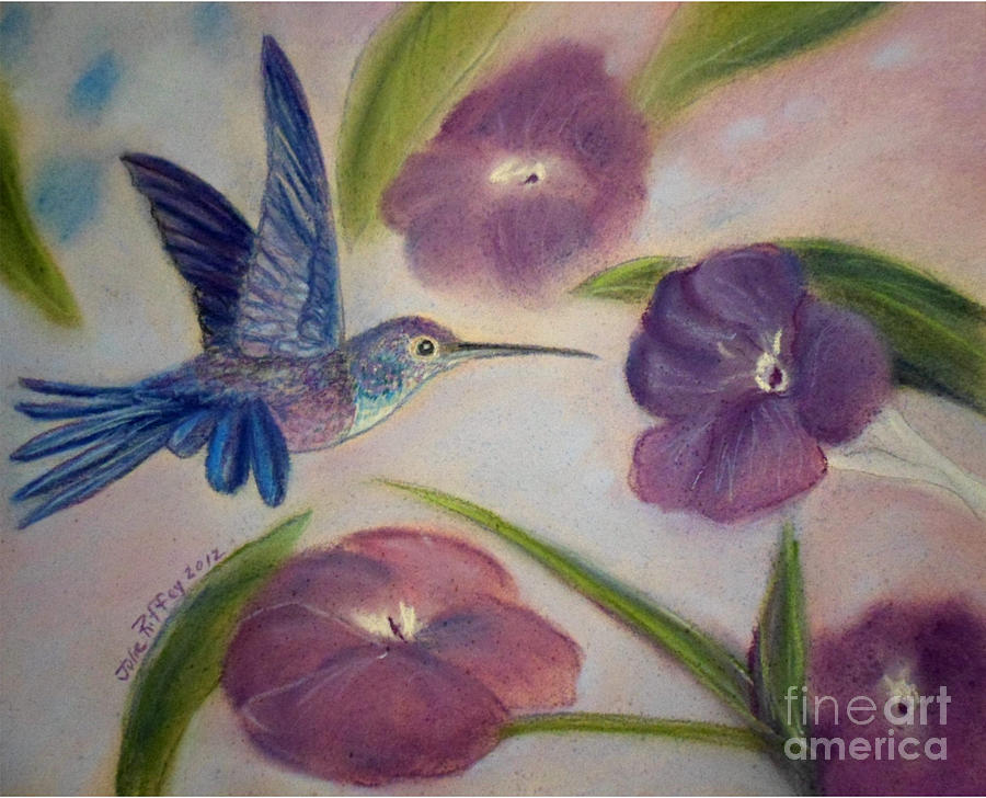 Hummingbird in Purple Flowers Pastel by Julie Brugh Riffey