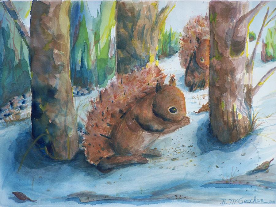 Hungry Red Squirrels Painting by Barbara McGeachen